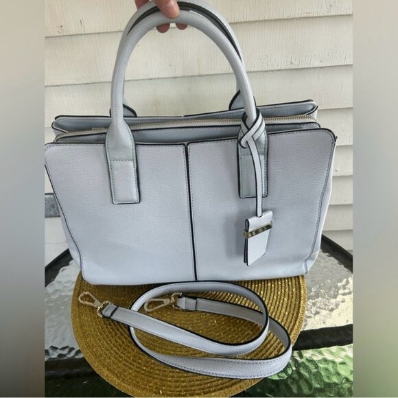 Gray Faux Leather Tote Handbag With Dual Handles & Gold Zipper Closure - Picture 12 of 12
